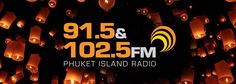 the logo for phuket island radio with lots of lanterns in the air behind it