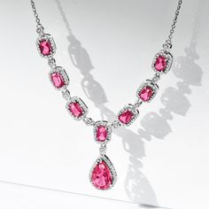 Ross-Simons - 8.30ct t. w. Pink Topaz, .38ct t. w. Diamond Y-Necklace. 18". This breathtaking necklace features 5.00 ct. t. w. rectangular cushion-cut pink topaz with a 3.30 carat pear-shaped pink topaz drop. .38 ct. t. w. diamond rounds add a twinkling effect to the entire polished sterling silver design. Suspends from a cable chain with a 2" extender. Lobster clasp, diamond and pink topaz necklace. Pink Diamond Necklace, Diamond Necklace Tiffany, Pink Topaz Necklace, Art Jewelry Design, Tiffany Jewelry, Pink Topaz, Pink Necklace, Colored Gems, Gems Jewelry