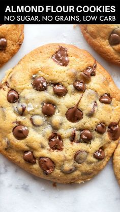 chocolate chip cookies with text overlay that reads almond flour cookies no sugar, no grains, low carb