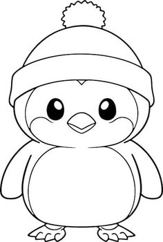 a penguin with a hat on it's head and eyes, outlined in black and white