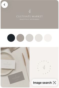 the logo and business cards for culttive market are shown in white, gray, and