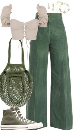 Podcast Outfit Ideas, Feminine Pants Outfit, Light Aesthetic Outfits, Pretty Outfits Spring, 1800s Outfits, Green Inspired Outfits, Spring Clothes Aesthetic, Sage Green Outfit Ideas, Colorful Casual Outfits