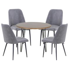 four grey chairs around a round wooden table