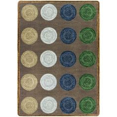 a rug with circles on it in brown, blue and green colors that are all over the place