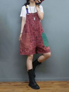 Style: Street Material: Denim Pattern: Printed Length: Half length Decoration: Pocket Closure Type: Pullover Silhouette: Loose Gender: Female Season: Summer #rompers #overalls #shorts #buttons High-waist Patchwork Pants For Summer, High Waist Patchwork Pants For Summer, Summer Pink Patchwork Pants, Red Patchwork Bottoms For Spring, Casual Pink Patchwork Bottoms, Relaxed Fit Patchwork Bottoms For Summer, Non-stretch Summer Overalls, Red Patchwork Summer Bottoms, Red Patchwork Bottoms For Summer