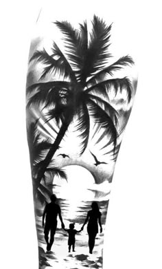 a black and white drawing of two people walking on the beach with a palm tree