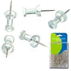 three different types of screws and pins on a white background with a package of needles