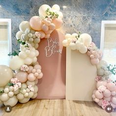 balloons and flowers decorate the entrance to a baby's breath themed birthday party in pastel colors