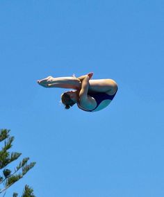 a woman diving into the water from a high platform in front of a pine tree