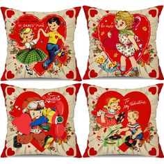 four pillows with cartoon characters on them in the shape of heart shaped hearts, one is red