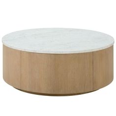 a white marble and wood coffee table with circular wooden base, viewed from the front