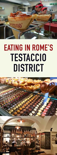 the cover of eating in rome's testaccio district, with an image of pies and pastries