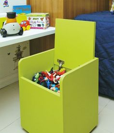 a child's room with toys in the bins