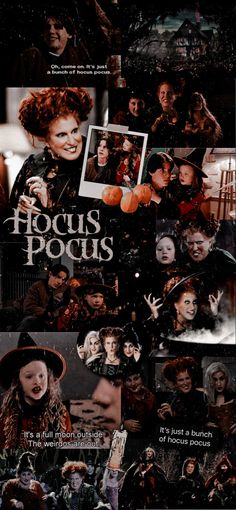 the poster for hocus pocus is shown in many different colors and sizes, including black