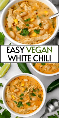 two bowls of easy vegan white chili with cilantro and corn on the side