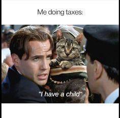 a man holding a cat in his arms with the caption me doing taxes i have a child