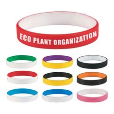 an assortment of wristbands with the words eco plant organization on each one side