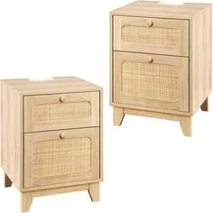 two wooden nightstands with wicker drawers on each side, one in light wood and the other in rattan