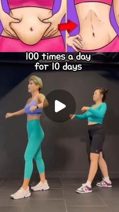 two women are doing exercises with each other in front of an animated image that says, 100 times a day for 1 days