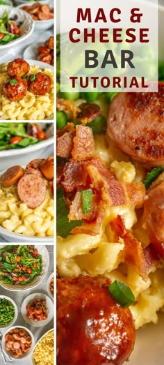 macaroni and cheese bar with sausages, spinach leaves, and other foods