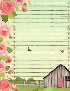 an old photo frame with pink roses and a barn