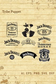 an old paper with various logos and labels for different types of items, including the name jack