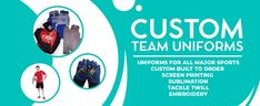 an advertisement for custom team uniforms with images of men's and women's sports gear