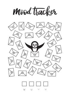 a black and white poster with an owl surrounded by envelopes that spell out the word mood tracker