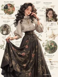 a drawing of a woman in a dress with flowers on the skirt and an info sheet below