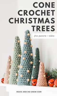 Learn how to crochet a cone tree with beads using this free crochet pattern and video tutorial from Make and Do Crew. Make one or a whole forest! They're the perfect DIY Christmas decor for your fireplace or dining table. Visit the blog to get the free crochet Christmas tree pattern for beginners and discover more Christmas cochet ideas! | Free Christmas Crochet Patterns