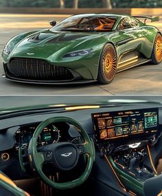 the inside and outside view of a green sports car with gold accents on it's dashboard