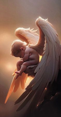 a baby sitting on top of an angel's wing