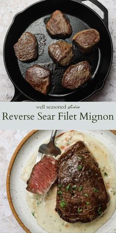 the steak is being cooked in a cast iron skillet and served with mashed potatoes