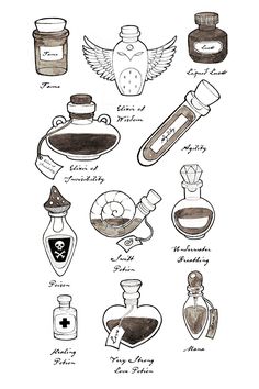 an ink drawing of various bottles and jars with the names of each item in them