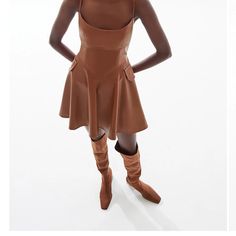 Never Worn Fitted Lined Mini Dress For Fall, Fall Mini Dress Lined, Fall Lined Mini Dress, Chic Leather Dresses For Fall, Chic Brown Leather Dress, Chic Brown Mini Dress For Work, Fall Lined Knee-length Mini Dress, Fall Knee-length Lined Mini Dress, Brown Leather Mini Dress For Night Out