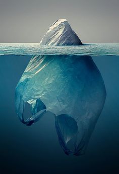 an iceberg floating in the ocean with a plastic bag on it's back