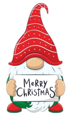 a cartoon gnome holding a sign with merry christmas written on it's face and wearing a red hat