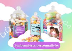 two glass jars filled with candies on top of a rainbow colored background and the words bonbonnieres personalise