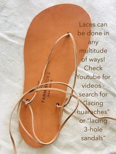 *Ships within 2-3 days if you send your foot tracing right away! :) Custom made, these are the simplest handmade minimalist sandals you can find, offering plenty of protection for most situations! Made to your foot tracing (you will send me, see below) of environmentally friendly vegetable tanned leather soles with leather laces.  These sandals are both elegant and casual, and very functional. They stay right on your feet! Soles will be made of 7-8oz Vegetable tanned skirting leather for smaller sizes and 10-12oz for larger sizes. (If you have a preference please message me!) They will have the Farm Shoes Handmade logo branded into them (see picture) unless you prefer without- again, let me know. Laces are suede or (thicker) leather, whichever you choose. Suede will be doubled over and lea Adjustable Barefoot Sandals With Rubber Sole And Round Toe, Adjustable Barefoot Sandals With Rubber Sole, Farm Shoes, Sandals Diy, Flower Bra, Huaraches Sandals, Minimalist Sandals, Custom Sandal, Skin Craft