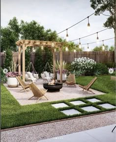 an outdoor living area with lawn furniture and string lights