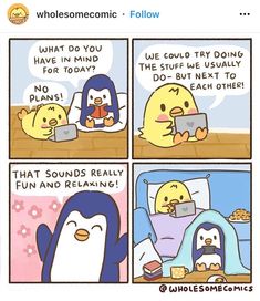 a comic strip with two penguins and one penguin holding a tablet