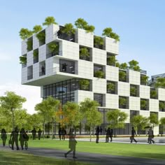 an artist's rendering of a building with trees growing on the sides and people walking around