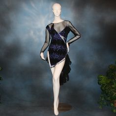 will fit size 5/6-9/10 Be daring in this ultra-glamorous Latin-rhythm-tango dress! Its black glitter slinky fabric is energized by a tanzanite-periwinkle pattern, bedazzled with crystal heliotrope Preciosa rhinestones, hand beading, and flounce-filled skirting for an adventurous style. Dance Argentine tango & your Latin-rhythm dances in style! I invite you to make an appointment to visit the private showroom...filled with an array of ballroom dance dresses, Latin-rhythm dresses, swing dresses, tango dresses, social dance dresses...as well as bodysuits, dance skirts, dance pant sets & special collections, that I have designed & created...with private & ample time to try on as many ballroom dance fashions as you desire...plus private & personable attention!! There is much more here! We are i Argentine Tango Dress, Tango Dresses, Dance Skirts, Style Dance, Social Dance, Glitter Pattern, Tango Dress, Argentine Tango, Dance Pants