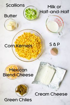 ingredients to make mexican corn salad laid out on a white counter top with text overlay