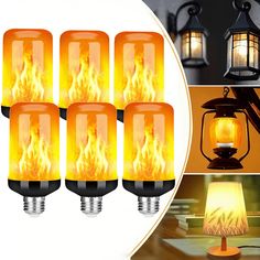 four different types of lamps with flames on them and the same one being turned on