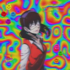 a girl with black hair standing in front of an abstract background