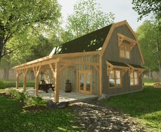 a small wooden house with a porch and covered veranda in the front yard, surrounded by trees