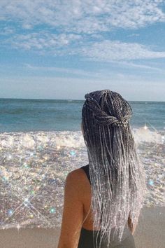 I love the sparkly look of these gorgeous long ombre silver gray box braids. | braid styles for gray hair Gray Box Braids, Grey Box Braids, Micro Braids Hairstyles, Silver Haired Beauties