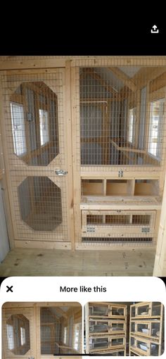 the inside of a wooden bird cage with two doors and one door open to let birds in