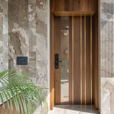 a wooden door in front of a stone building with a plant on the side walk